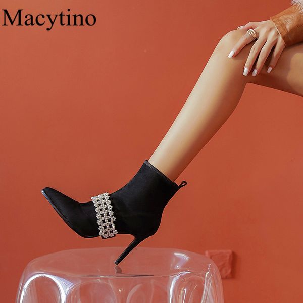 

boots winter women's high-heeled boots one shoe two wear pearl medium strap pointed stiletto heel fashionable short n1b8, Black