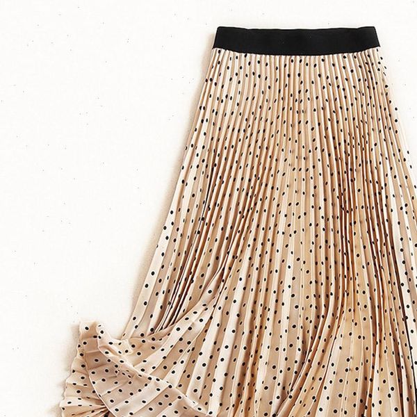 

long elastic waist pleated bottoms women skirt maxi polka dot printing beach boho vintage summer, Black