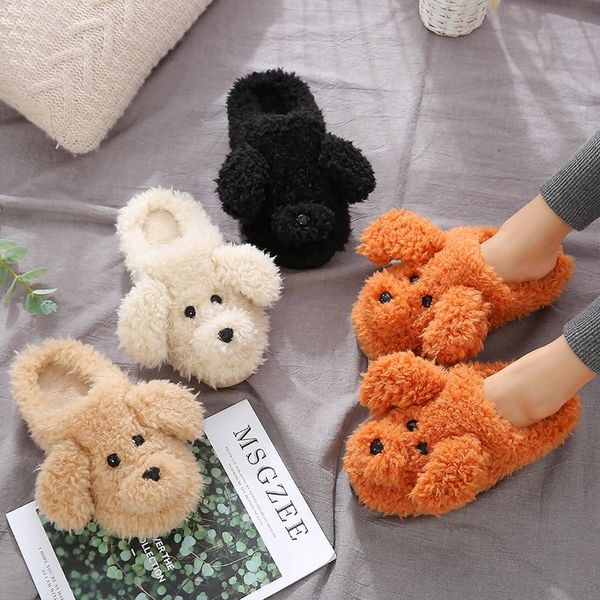 

fur dog slippers 2021 cute cartoon animal women winter warm plush home fluffy slides cotton house shoes, Black