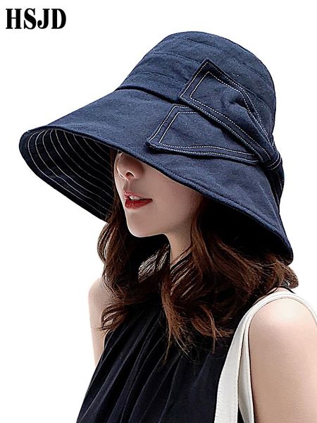 

fashion big bow denim blue sun hat 2021 summer women anti-uv wide brim beach bowknot foldable bucket fisherman cap hats, Blue;gray
