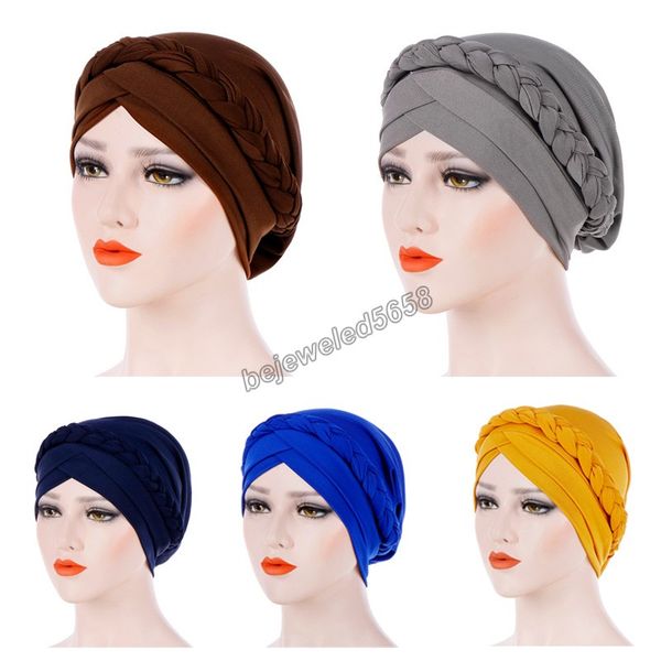 

muslim european and american headwear monochrome single braid headgear silk milk indian headband hijab caps women turban wraps, Blue;gray