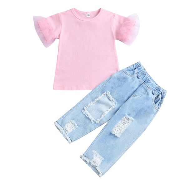 

2-6y fashion kids baby girl clothing set tulle short sleeve pink t-shirt holes denim long pants summer 2pcs outfits sets, White