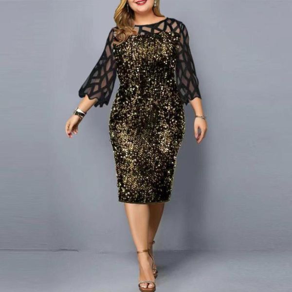 

plus size dresses elegant 2021 women midi sequin evening dress long sleeve gold party night mesh luxury clothing, Black