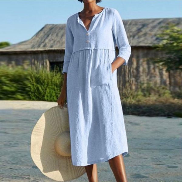 

casual dresses summer women pokect dress plus size half sleeve v neck elegant for clothing vestidos mujer verano 2021, Black;gray