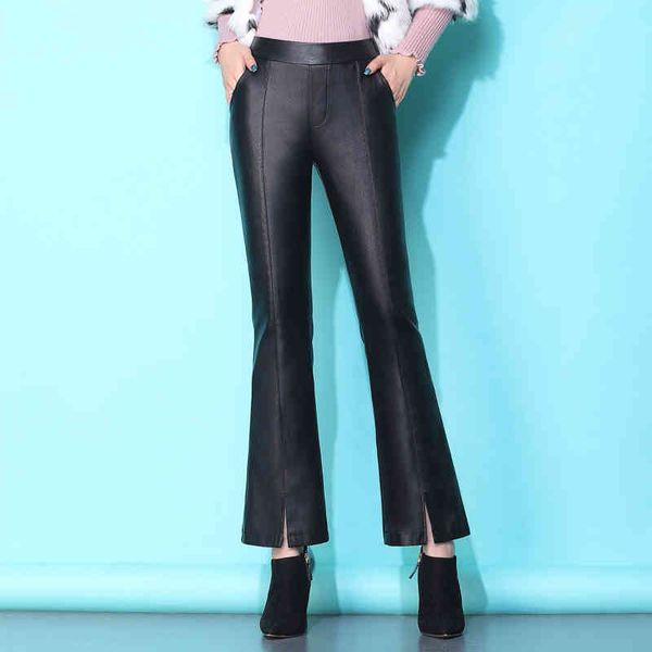 

High-quality straight waist plutonium leather women's trousers black capris, Black;white