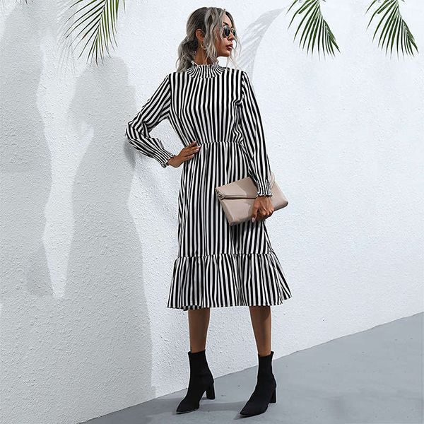 

fall / dresses casual winter striped hepburn style long sleeve red pullover french high collar dress for women, Black;gray
