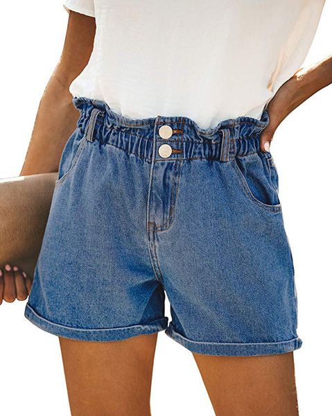

jean women denim summer high elastic waist harem ruffle shorts jeans, Blue
