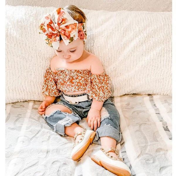 

clothing sets 1-5y toddler clothes kids baby girl orange floral off shoulder crop ripped jeans outfits summer children, White