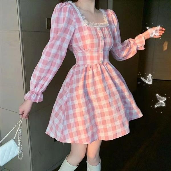 

casual dresses spring women mini lolita dress square collar with lace pink plaid beading flare sleeve cute kawaii feminine, Black;gray