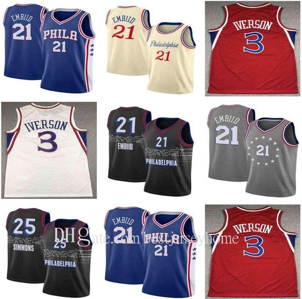 

2021 vintange new basketball joel 21 embiid mens ben 25 simmons allen 3 iverson julius 6 erving city jersey quick dry breathable size s-2xl, Black;red