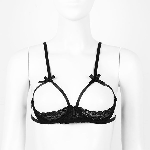 

womens erotic open cups lace bra see through sheer bralette lingerie adjust spaghetti straps bare breast underwired bustier, Black;white