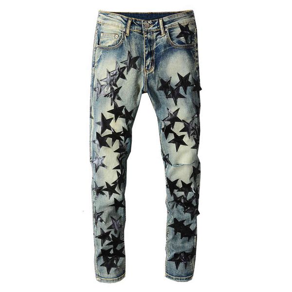 

men's jeans leather stars patch stretch denim streetwear holes ripped slim skinny pencil pants patchwork trousers 41wk, Blue