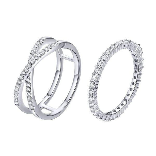 

cluster rings 2pcs authentic 925 sterling silver dazzling cz geometric finger for women wedding engagement jewelry anel scr463, Golden;silver