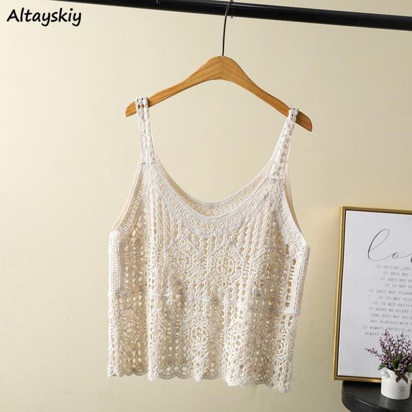 

women's tanks & camis camisole women knitted cropped japanese simple all-match hollow out summer loose cozy korean style casual chic fe, White