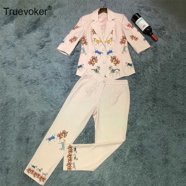

truevoker spring autumn runway fashion sets suit's high end long sleeve printed blazer + pant suit party clothing 210602, White