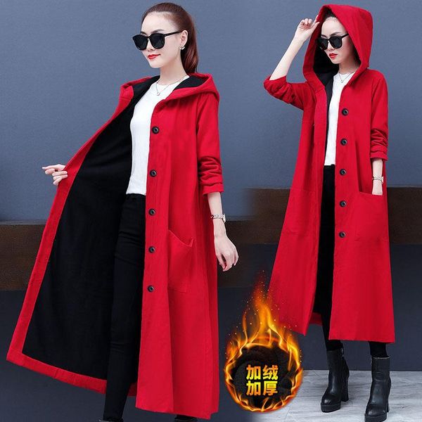 

women's windbreaker 2021 solid color lengthened large size loose fashion all-match hooded jacket trench coats, Tan;black