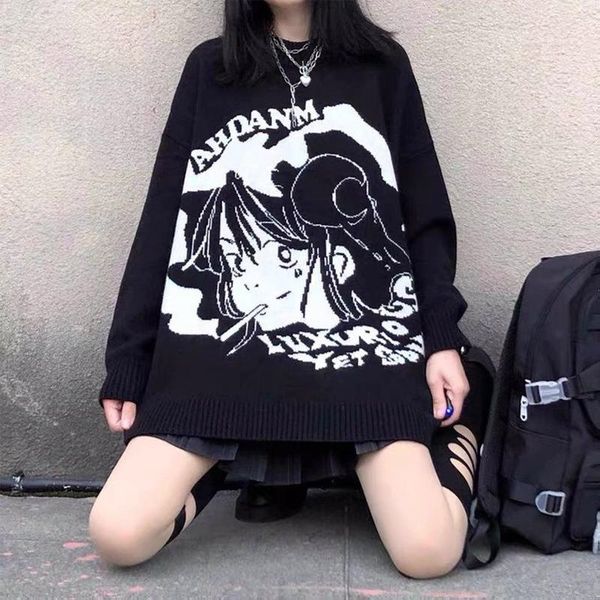 

women's sweaters houzhou gothic sweater women harajuku streetwear vintage japanese style anime print long sleeve knitted winter pullove, White;black