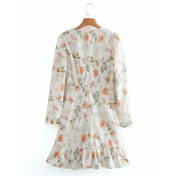 

skirts women printed v-neck with long sleeves vintage slim lotus leaf small fresh chic female dress vestidos mujer, Black