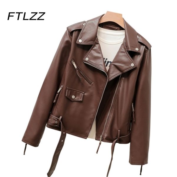 

streetwear soft leather jacket for women spring autumn zipper with belt short coat ladies vintage red 210602, Black