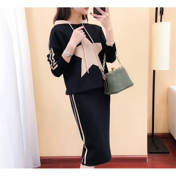 

autumn fashion 2 piece set women striped hooded knitting pullover + skirts sporting wear female tracksuit 210427, White;black