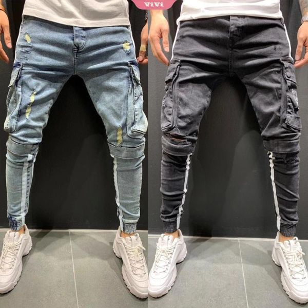 

men's jeans fashion slim cool tight over-the-knee ripped hole zipper stretch feet denim pants high street style, Blue