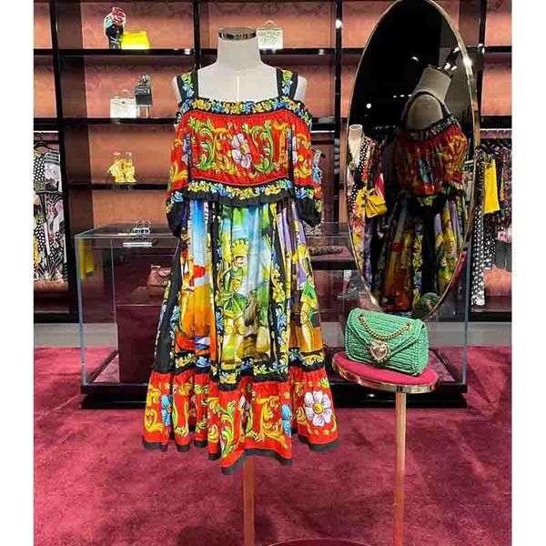 

casual dresses cosmicchic 2021 print dress women cotton knee length off shoulder ruffle big swing hoh xil series runway beach, Black;gray