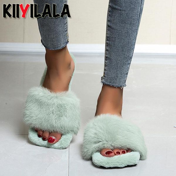 

kiiyilala real fur home slippers warm winter slides women wool lady casual hairy indoor shoes big size 42 43, Black