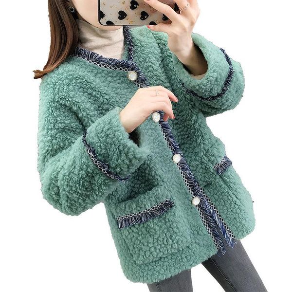 

women's wool & blends xiaoxiangfeng ladies lamb jacket 2021 women autumn winter overcoat fur coats loose round neck outwear female l10, Black