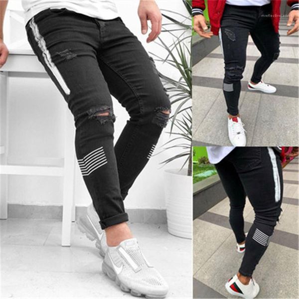 

men's designer hip hop black streetwear rolled edge casual jean trousers men skinny jeans fashion side stripes ripped frayed slim fit d, Blue