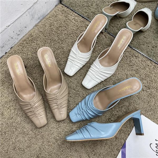 

slippers 2021 summer square toe women fashion thin heeled ladies mules elegant female high heels outside slides sandals, Black