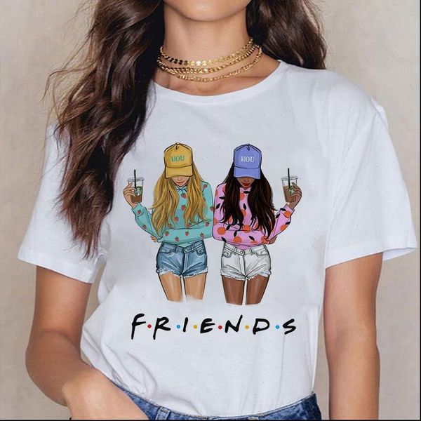 

women friends girls print t shirt summer short sleeve tee casual ladies female shirts plus size woman clothing 90s, White