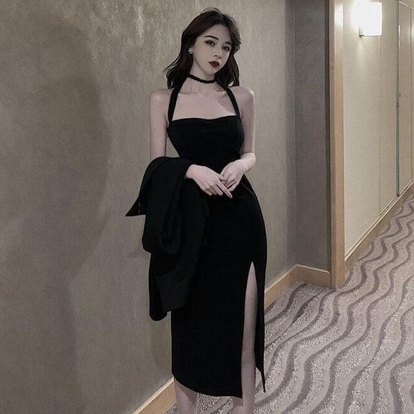 

casual dresses fashion korean style elegant women backless halter split evening dress club vintage black bodycon party vestidos, Black;gray