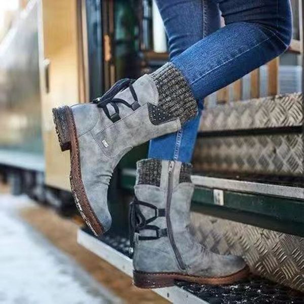 

warm suede boots 2021 autumn winter vintage flat lace up ladies shoes snow boots knitting patchwork female mid calf boots, Black