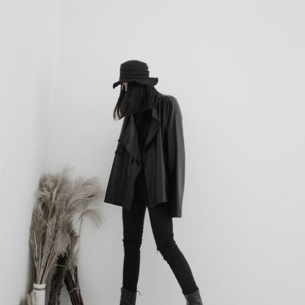 

[eam] loose fit big size asymmetrical pu leather jacket new lapel long sleeve women coat fashion spring autumn 19a-a543 200919, Black;brown