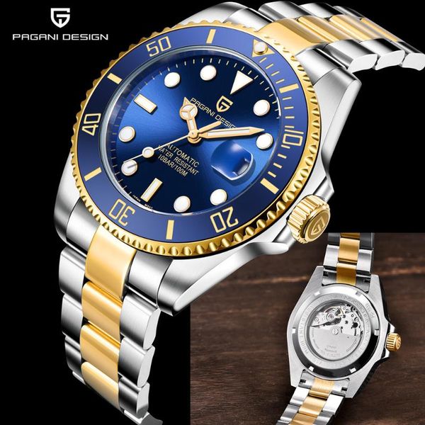 

wristwatches pagani design brand business mans 100m waterproof mechanical wristwatch ceramic bezel sapphire watches full steel date clock me, Slivery;brown