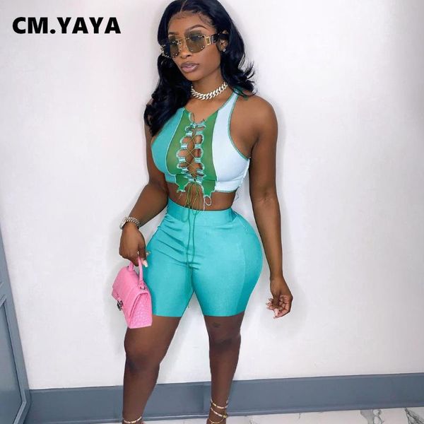 

cm.yaya women set patchwork crisscross lace up sleeveless crop elastic shorts 2 piece active tracksuit outfits women's tracksuits, Gray