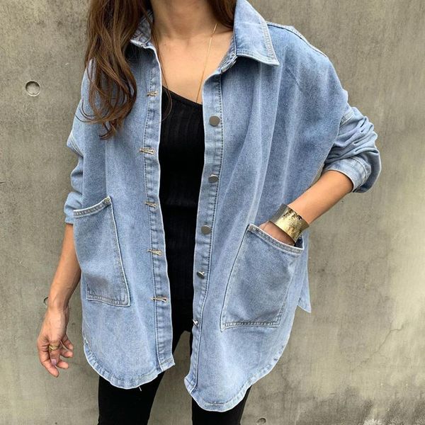 

women's blouses & shirts women denim jacket spring autumn thin bf style lapel pockets long sleeve single-breasted fashion casual loose, White