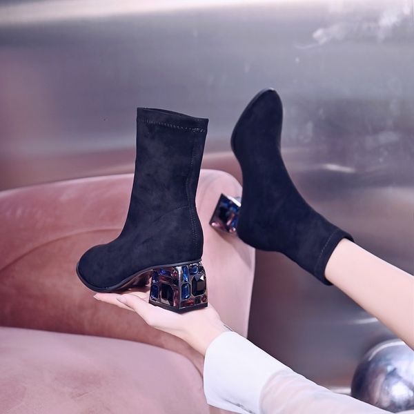 

dress shoes square heel stretch thin leg boots autumn high heels toe short tube fashion single women gpox, Black