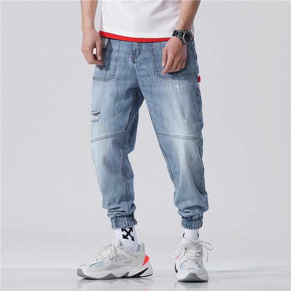 

Men's Jeans Hole-in Fashion Pants Loose Weight Large Yard Harem Relaxed Light-colored High-end Quality Nine Point Length VAVL, Blue