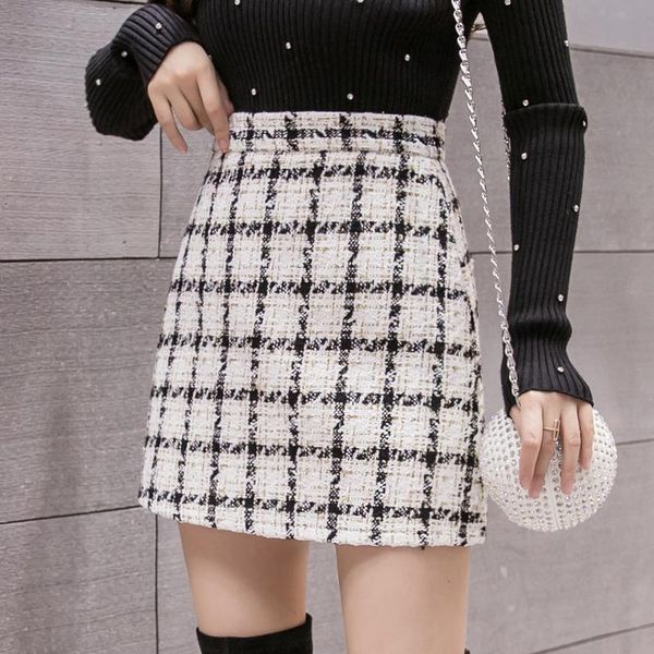 

plaid tweed skirts women thick high waist autumn pencil skirt warp korean wool mini shorts zipper plus size europe x516, Black