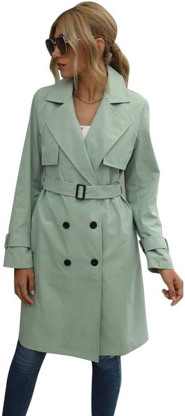 

women's trench coats long coat fall 2021 sleeve turn-down collar double breasted slim thin with belts khaki green jacket, Tan;black