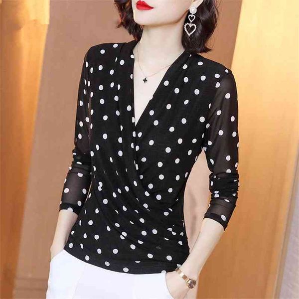 

women spring summer style lace blouses shirts lady casual v-neck polka dot printed lace blusas dd8051 210401, White