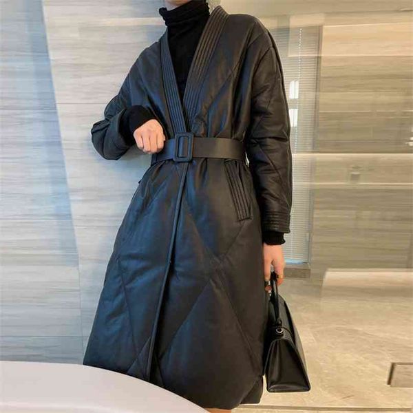 

black leather women's coat for winter warm long oversized female thin cotton jacket 3xl outerwear 210923