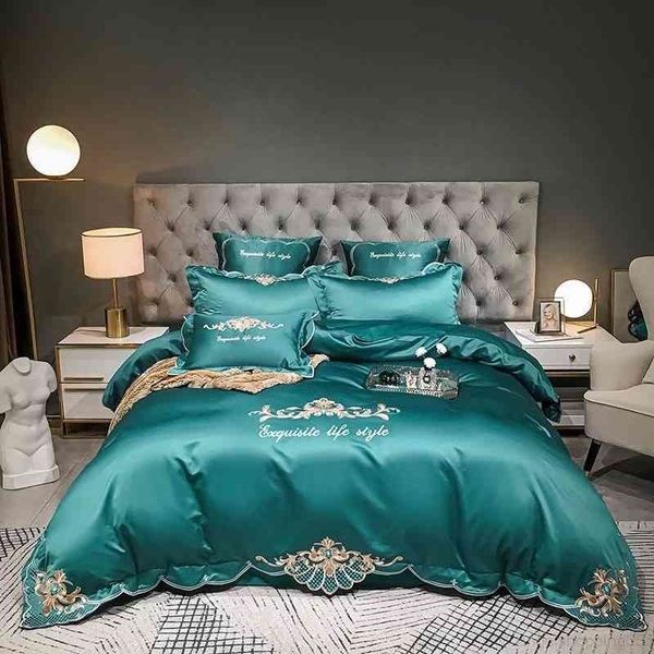 

4pcs embroidery king  size teal silk satin cotton bedding set (1 duvet cover +1flat sheet+ 2 pillowcases
