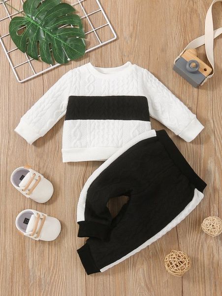 

baby contrast panel cable knit pullover & sweatpants she, White