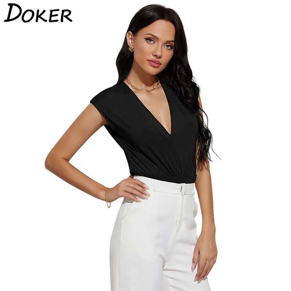 

solid color deep v-neck sleeveless stretchy bodysuits office lady commute seaside all-match casual skinny bottoming shirt 210423, Black;white