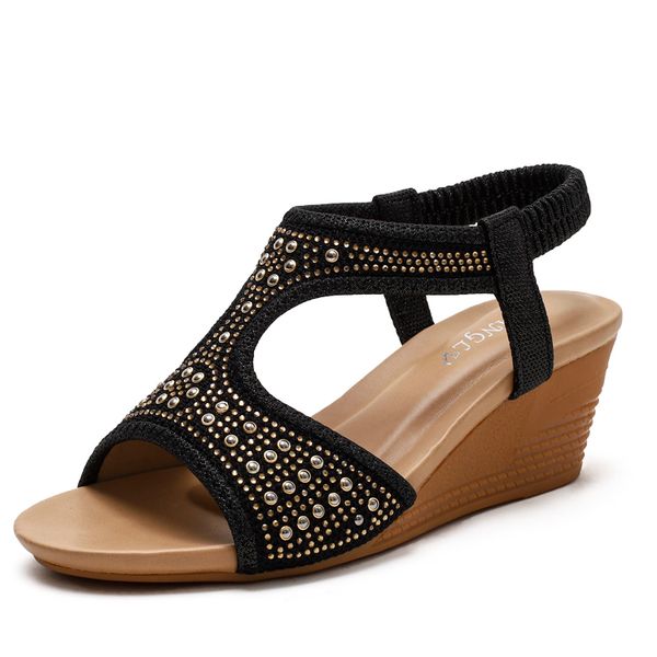 

new sandal, round toe wedge flat casual women, fabric with rhinestones, designer fashion sexy, classic, size 35-42, Black