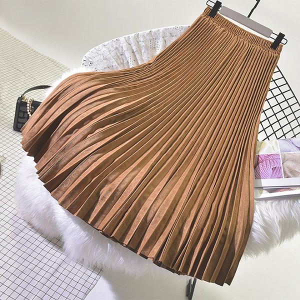 

skirts gold velvet pleated skirt mid-length deerskin high waist suede, Black