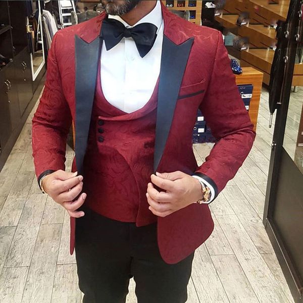 

men's suits & blazers elegant burgundy pattern floral men suit black peaked lapel (jakcet+pants+vest) 3 pieces slim fit formal gro, White;black