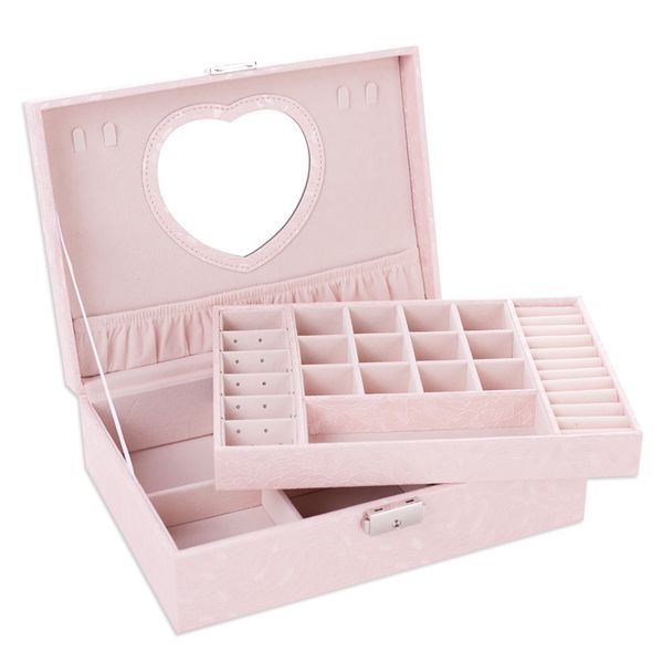 

2021 new design pu leather jewelry box double-layer wooden frame princess jewelry storage box cosmetic box highly recommend, Black;white